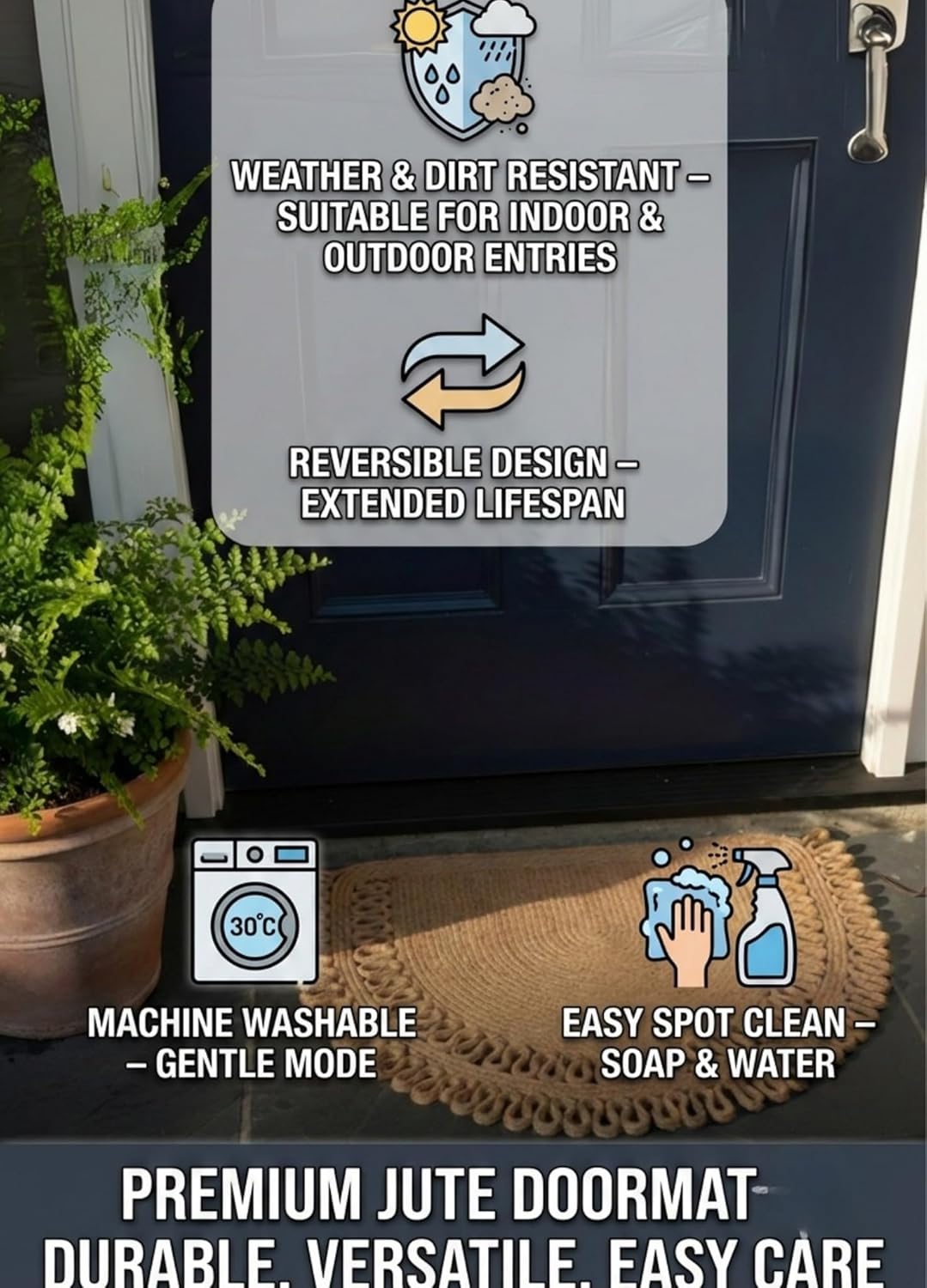Jute Semi Circle Doormat – Half Moon Braided Front Door Mat, Non Shedding & Washable, Non Slip Backing, Waterproof Indoor Outdoor Entryway Rug for Porch, RV, Camper & Boat