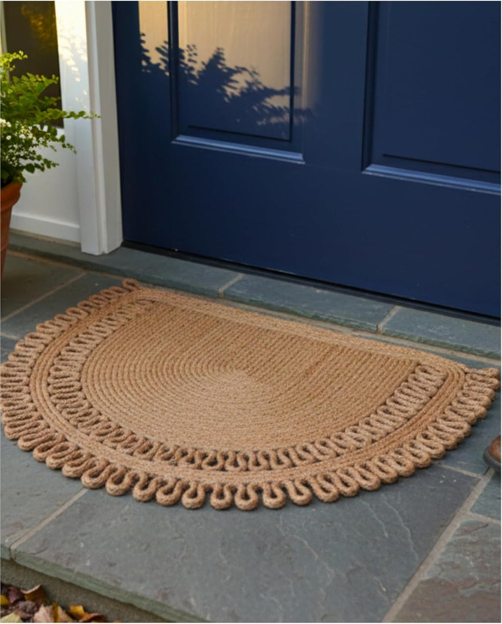 Jute Semi Circle Doormat – Half Moon Braided Front Door Mat, Non Shedding & Washable, Non Slip Backing, Waterproof Indoor Outdoor Entryway Rug for Porch, RV, Camper & Boat