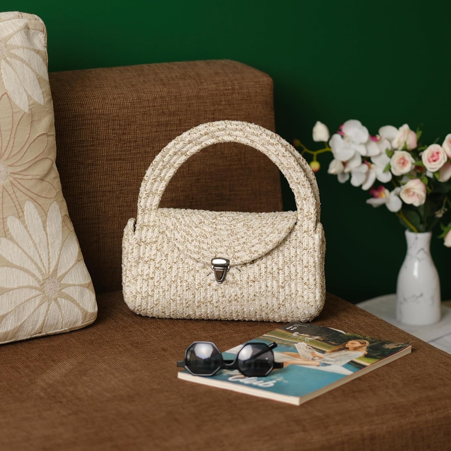 Straw Clutch Purse for Women, Small Summer Jute Handbag, Beachy Vacation Raffia Bag, Woven Resort or Coastal Purse - Cream