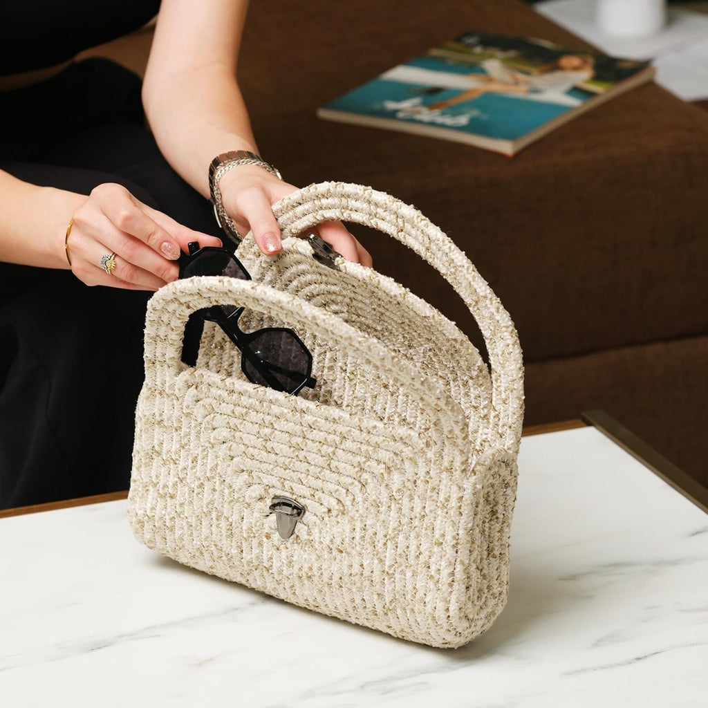 Straw Clutch Purse for Women, Small Summer Jute Handbag, Beachy Vacation Raffia Bag, Woven Resort or Coastal Purse - Cream