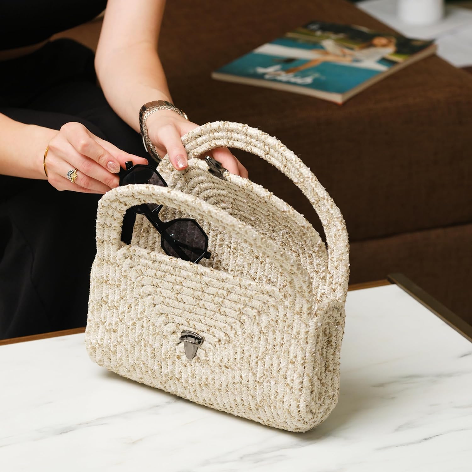 Straw Clutch Purse for Women, Small Summer Jute Handbag, Beachy Vacation Raffia Bag, Woven Resort or Coastal Purse - Cream