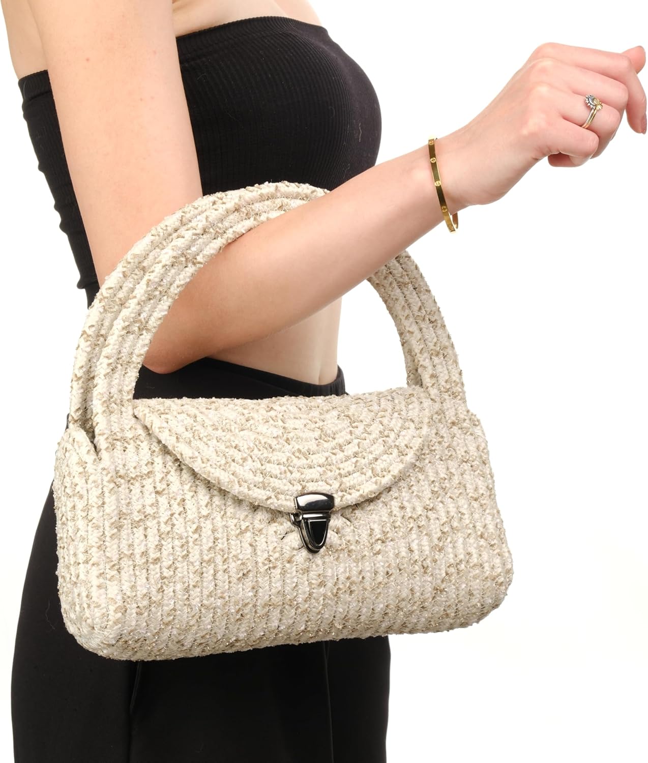 Straw Clutch Purse for Women, Small Summer Jute Handbag, Beachy Vacation Raffia Bag, Woven Resort or Coastal Purse - Cream