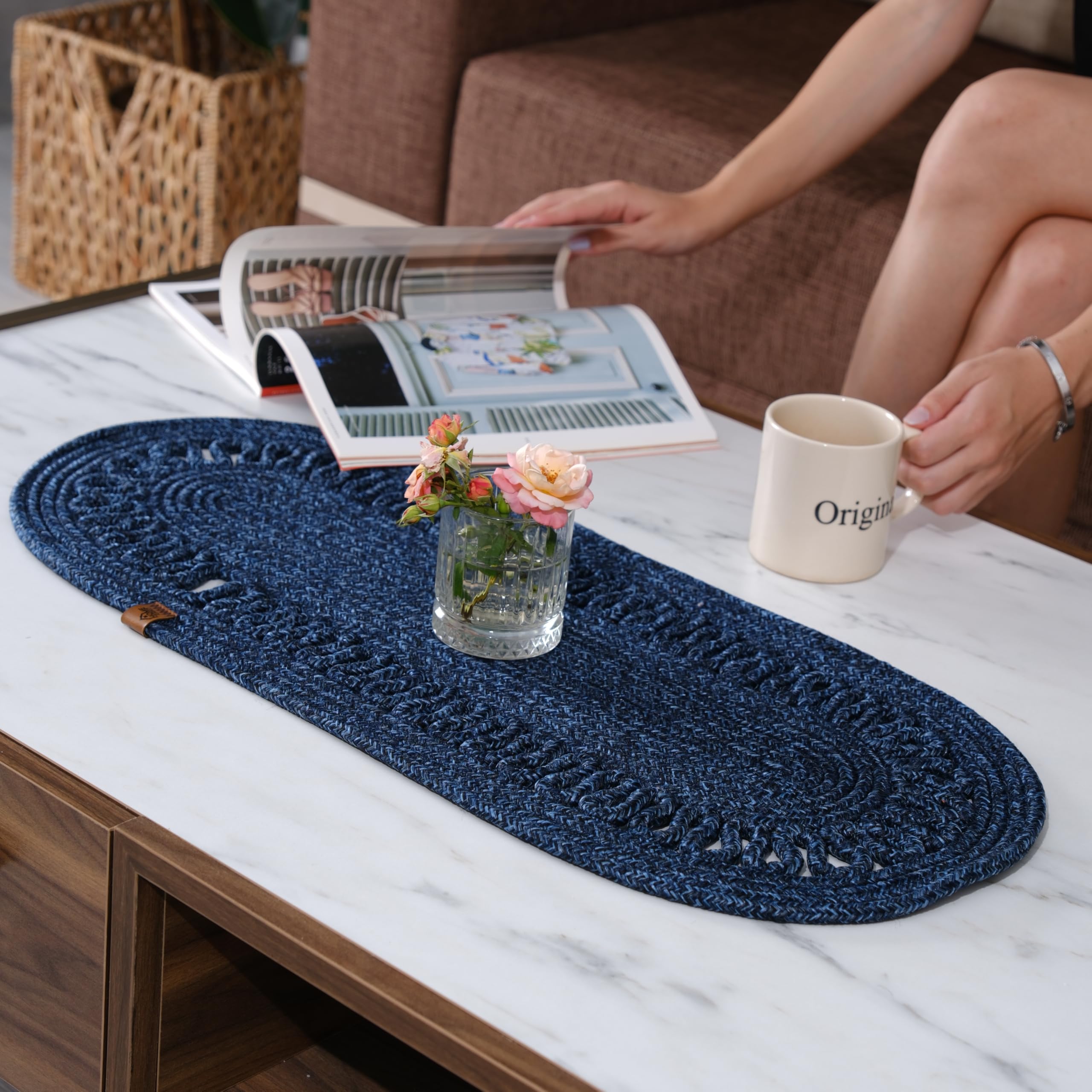 Oval Jute Table Runner | Woven Braided Dining Runner | Natural Textured Rattan Table Runner for Dining Table Coffee Table or Patio 11.8 x 27.5 (Standart)