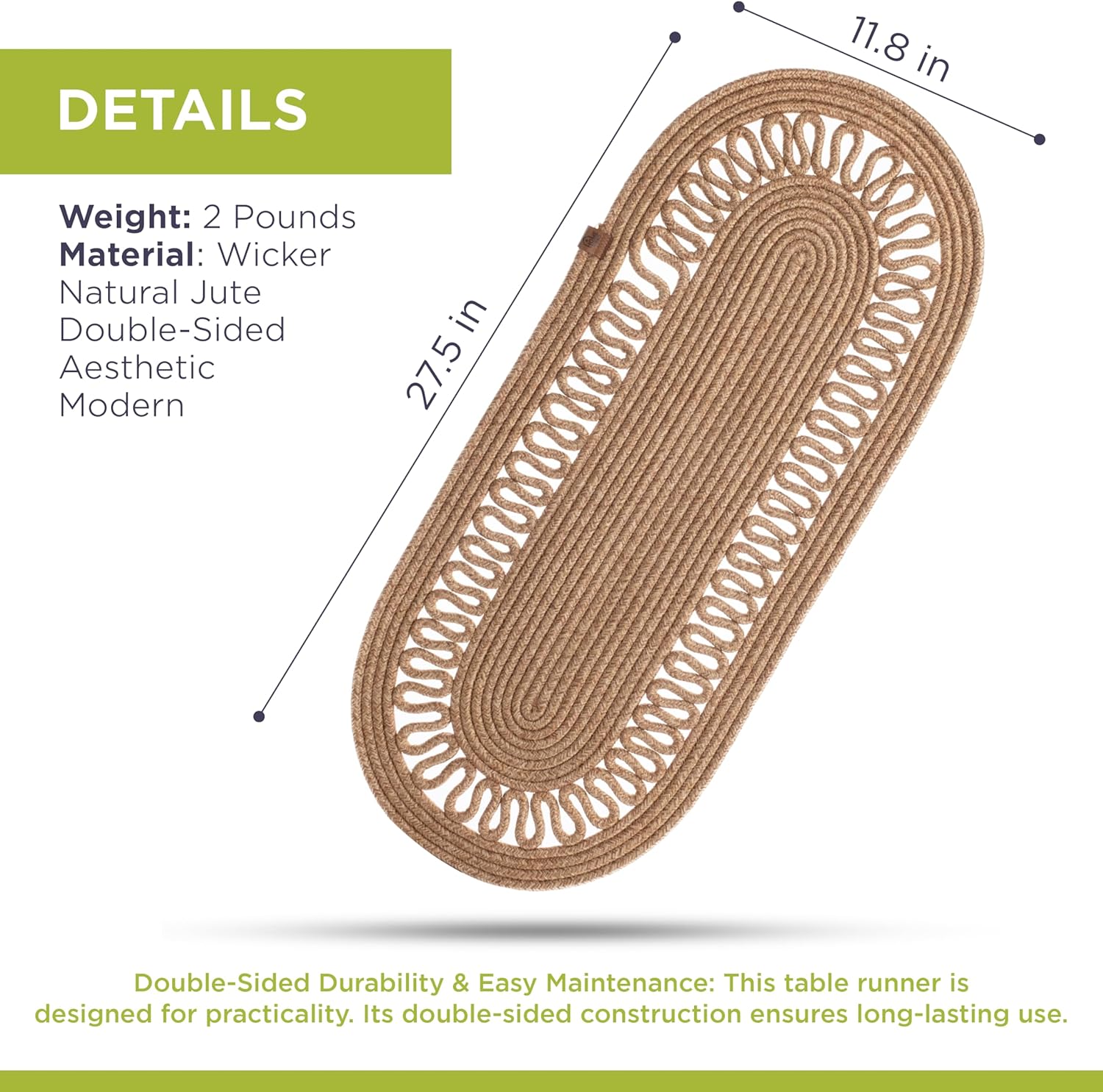 Oval Jute Table Runner | Woven Braided Dining Runner | Natural Textured Rattan Table Runner for Dining Table Coffee Table or Patio 11.8 x 27.5 (Standart)