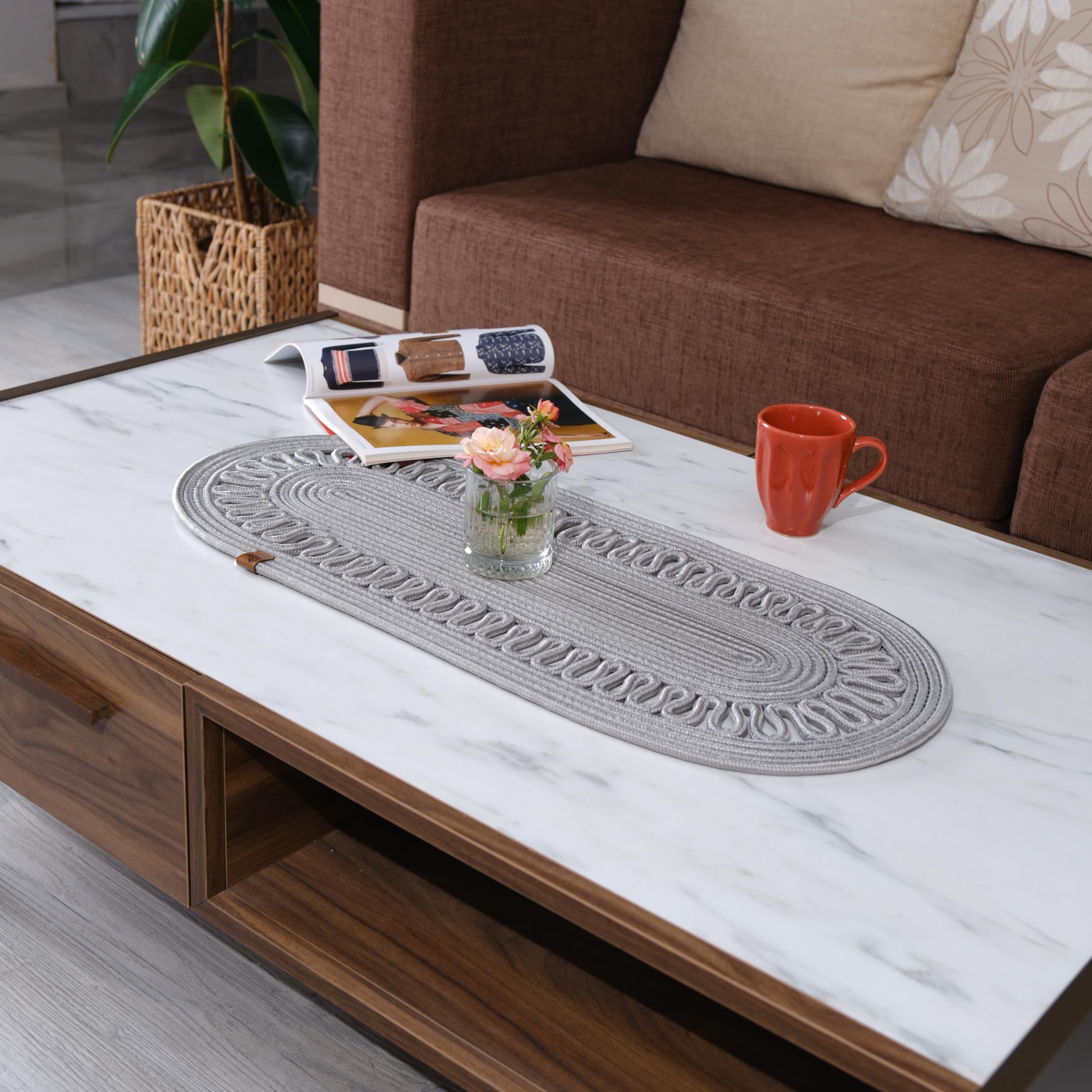 Oval Jute Table Runner | Woven Braided Dining Runner | Natural Textured Rattan Table Runner for Dining Table Coffee Table or Patio 11.8 x 27.5 (Standart)