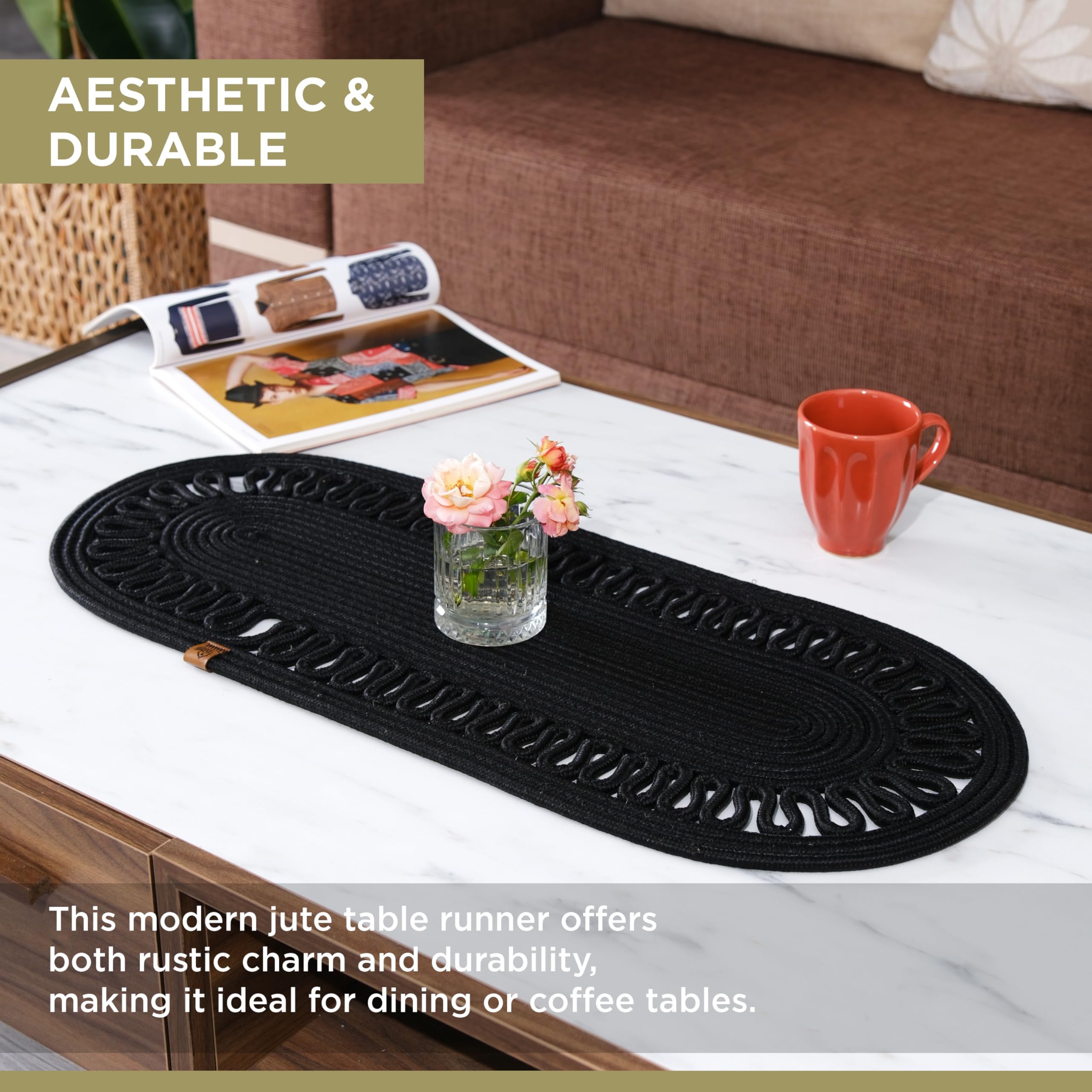 Oval Jute Table Runner | Woven Braided Dining Runner | Natural Textured Rattan Table Runner for Dining Table Coffee Table or Patio 11.8 x 27.5 (Standart)
