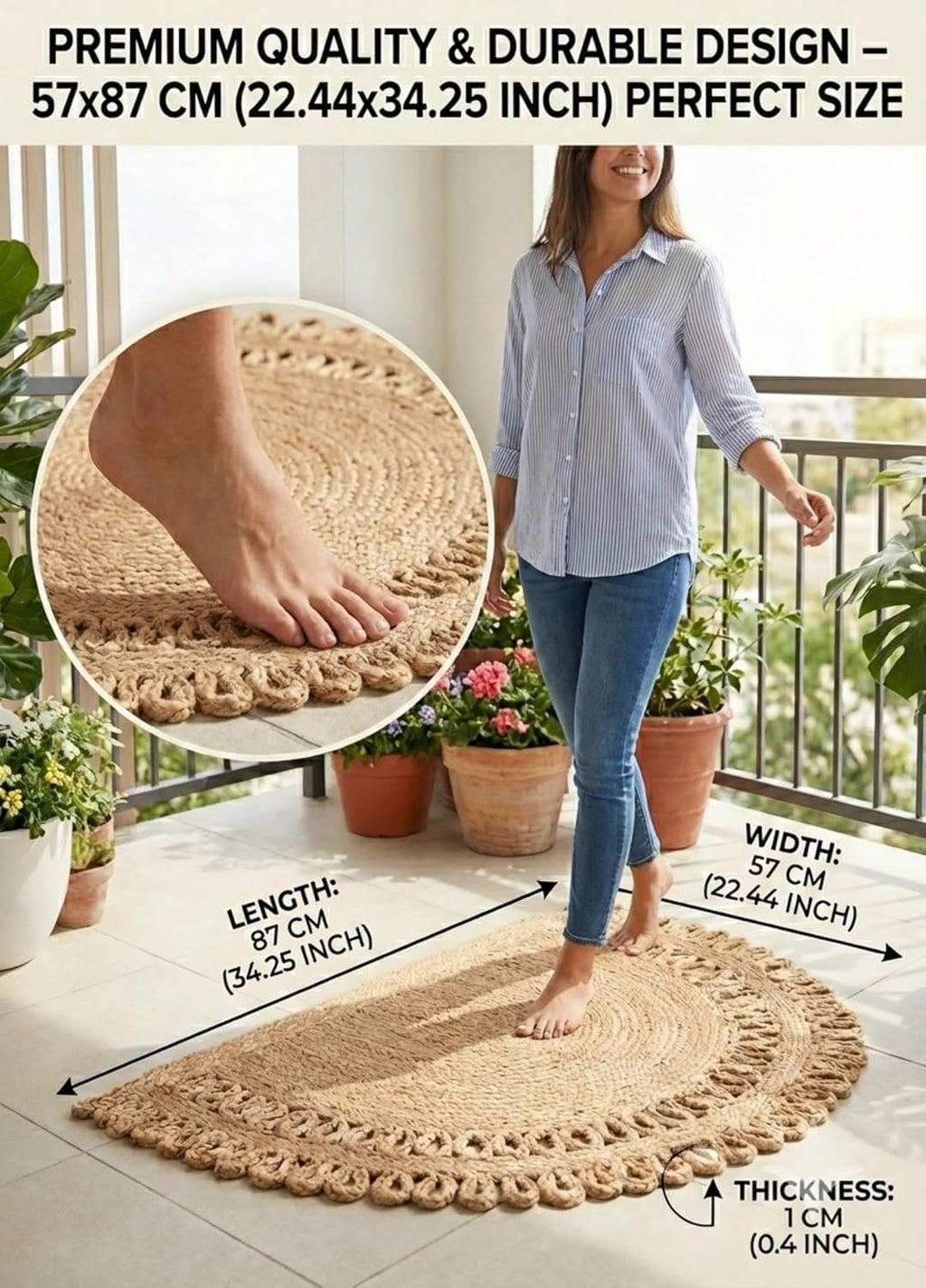 Jute Semi Circle Doormat – Half Moon Braided Front Door Mat, Non Shedding & Washable, Non Slip Backing, Waterproof Indoor Outdoor Entryway Rug for Porch, RV, Camper & Boat