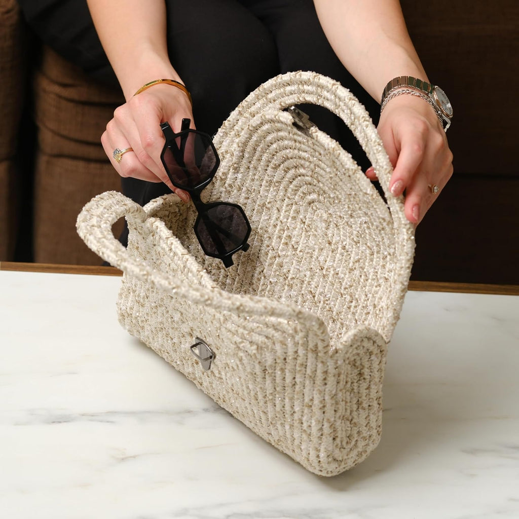 Straw Clutch Purse for Women, Small Summer Jute Handbag, Beachy Vacation Raffia Bag, Woven Resort or Coastal Purse - Cream