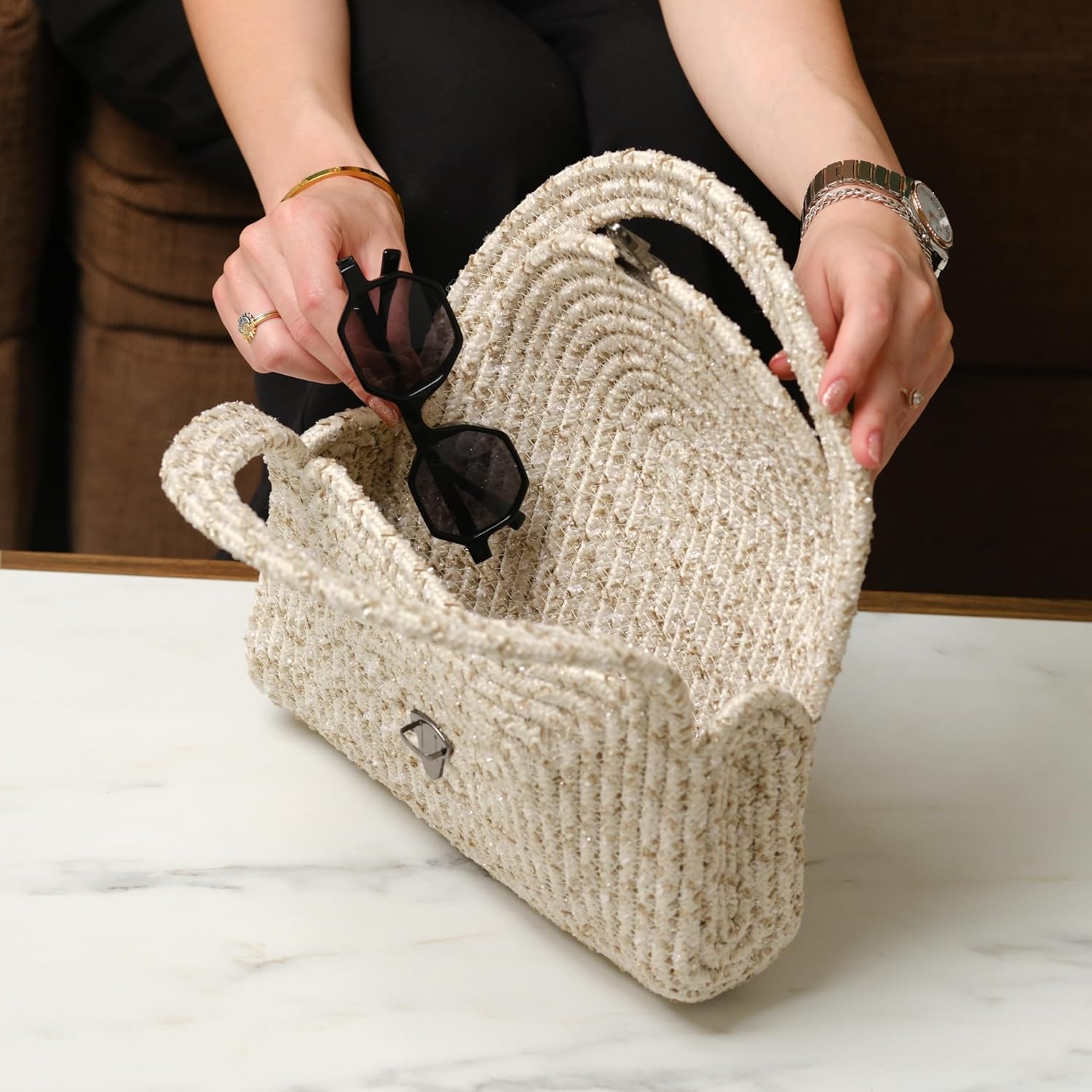 Straw Clutch Purse for Women, Small Summer Jute Handbag, Beachy Vacation Raffia Bag, Woven Resort or Coastal Purse - Cream